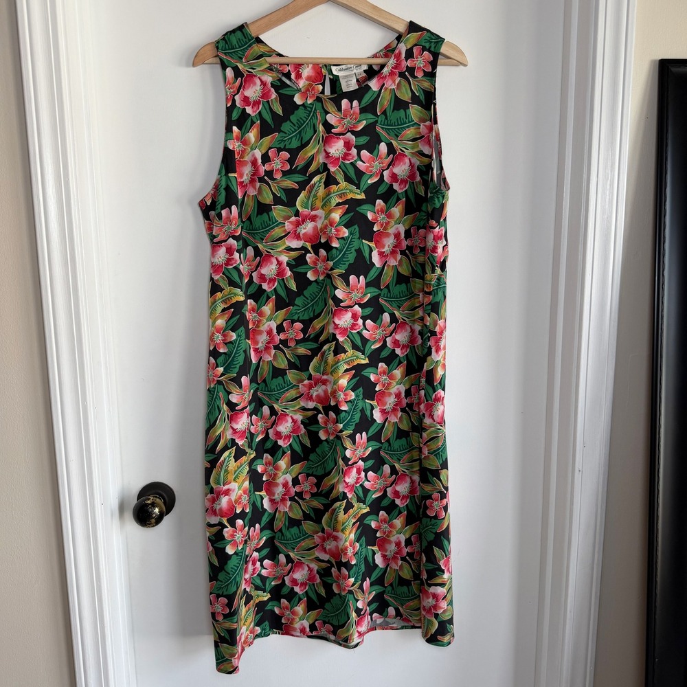 Coldwater Creek Womens 14 Tropical Floral 100% Silk Sleeveless Shift Dress Black